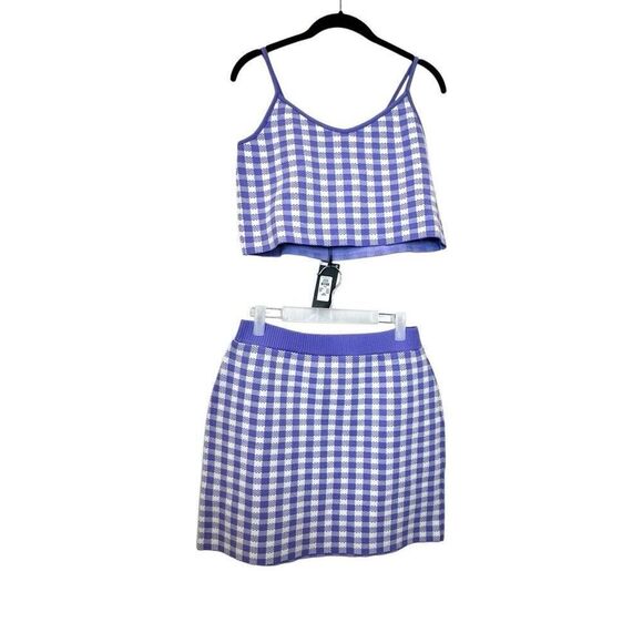 NWT Primark Gingham Check Co-ord Crop Tank & Mini Skirt Set Lilac White Large - Picture 1 of 4